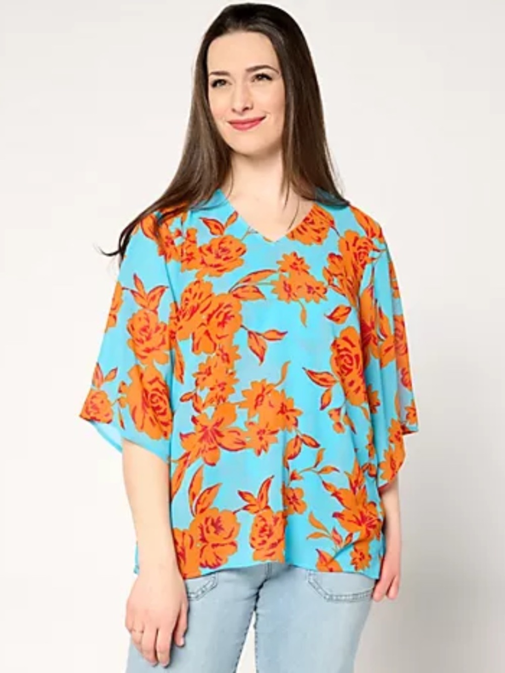 Belle by Kim Gravel NIB Double Chiffon Handkerchief River Blue Sleeve Blouse XS